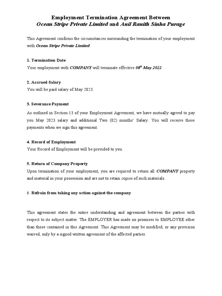 Employment Termination Agreement Between | PDF