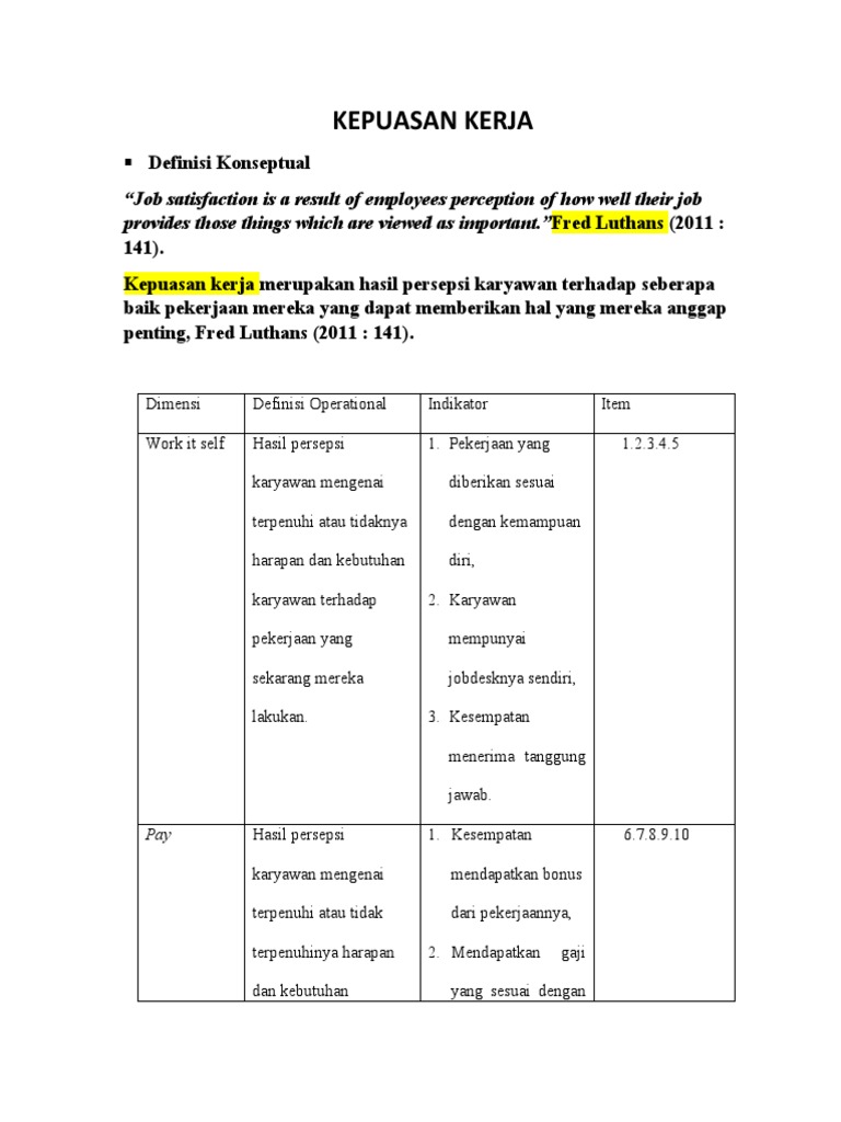 Kepuasan kerja definisi konseptual pdf