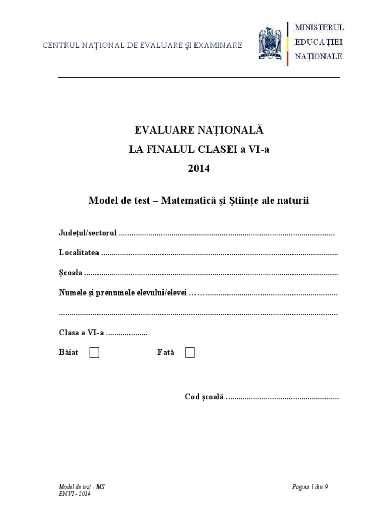 EN VI - Matematica Si Stiinte Ale Naturii PDF | PDF