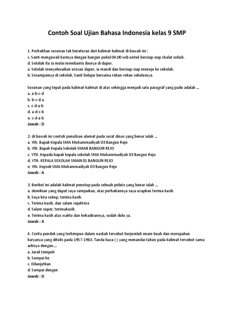 Contoh Soal Bahasa Indonesia Kelas 9 | PDF