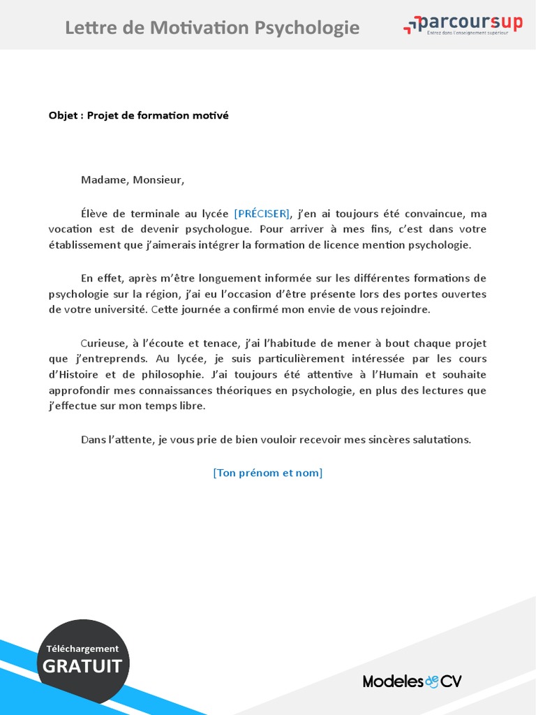91 Lettre de Motivation Psychologie Parcoursup | PDF