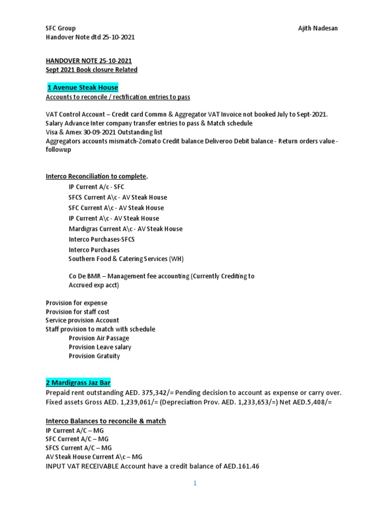 Ajith Nadesan Handover Note Oct-2021 | PDF | Debits And Credits | Expense