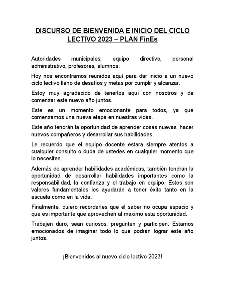 Bienvenida al Ciclo Lectivo 2023 | PDF