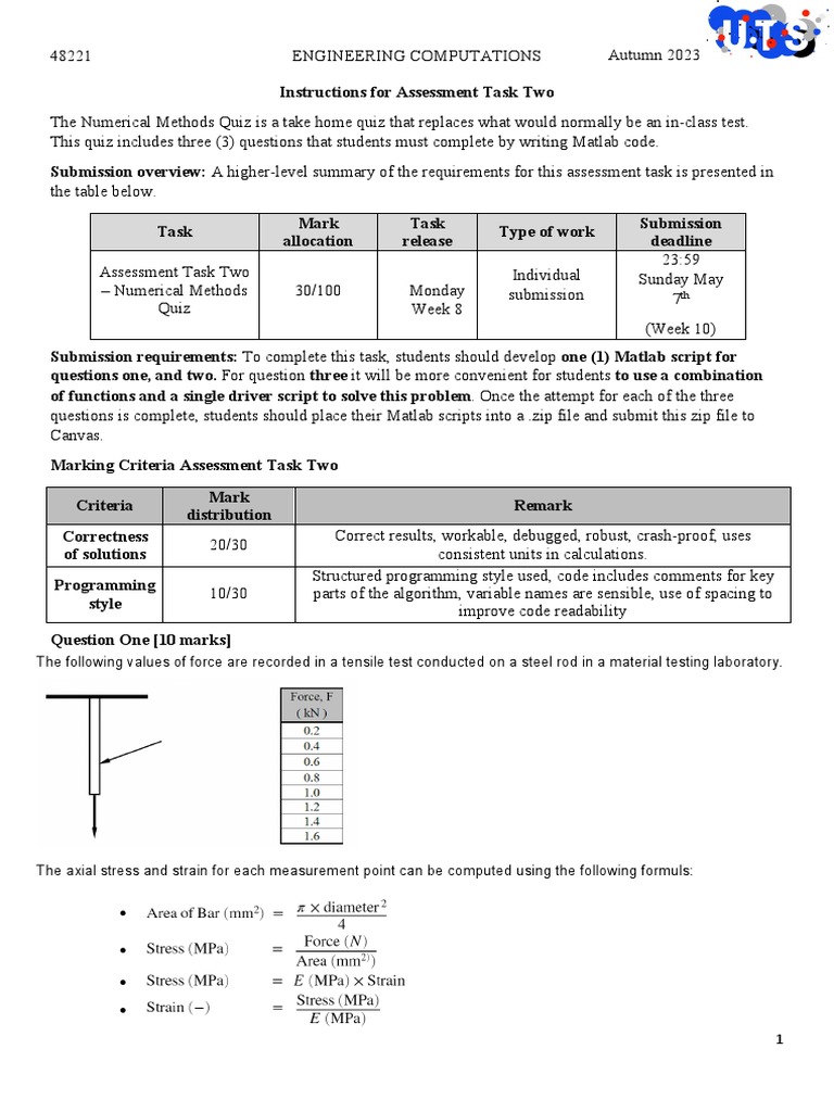 Engineering computations 2022a assessment task two instructions 2