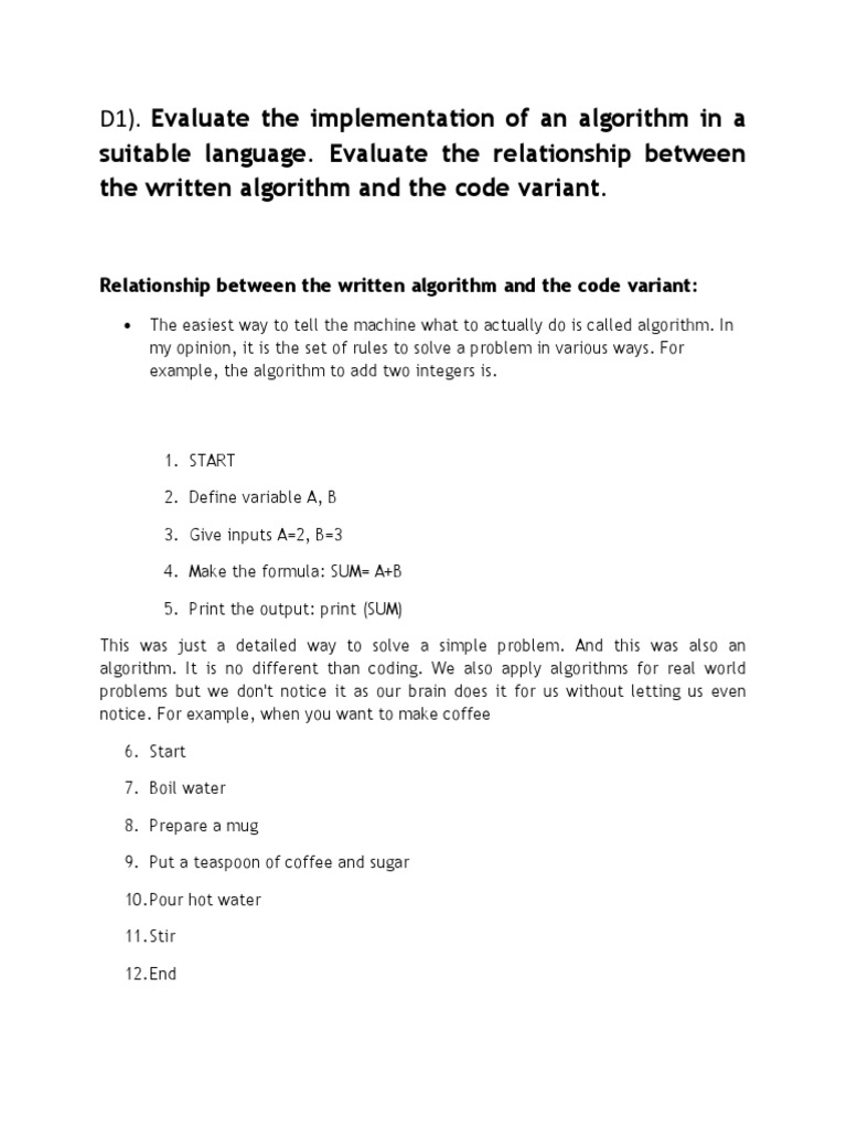Comparing the Relationship Between a Written Algorithm and its ...