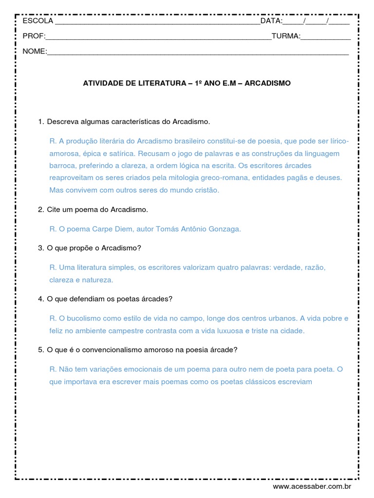Atividade sobre Arcadismo para 1º Ano | PDF