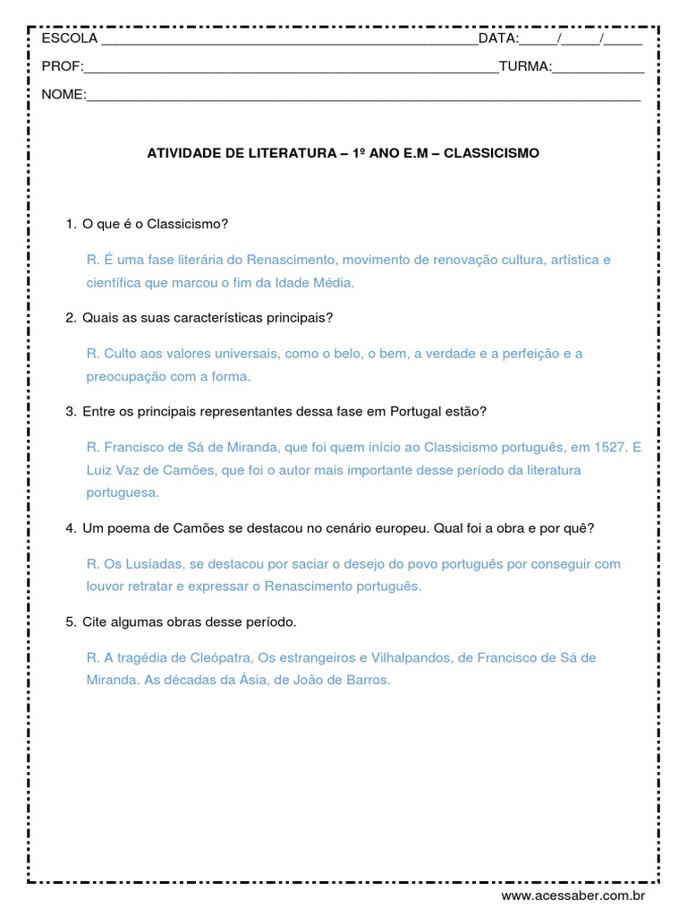 Atividade sobre Classicismo na Literatura | PDF