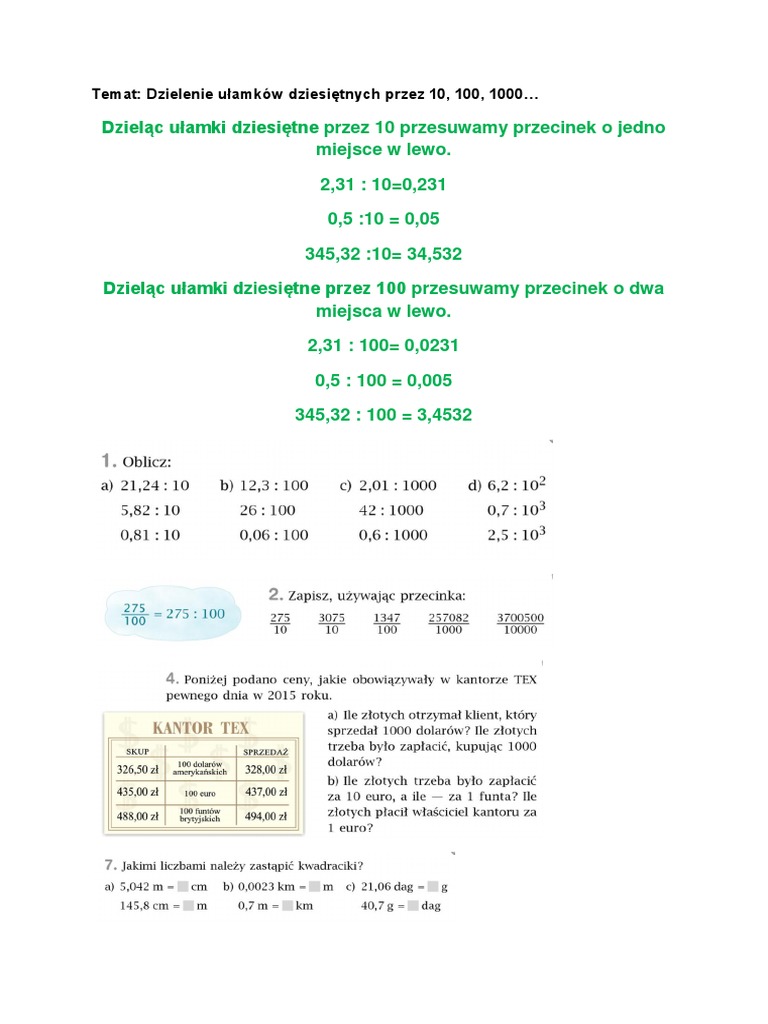 Dzielenie Ułamków Dziesiętnych Przez 10 100 I 1000 Dzielenie ułamków dziesiętnych przez 10, 100, 1000... (1).pdf | PDF