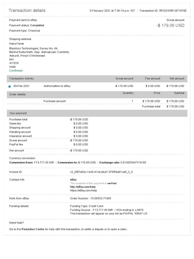 eBay Payment Transaction Details | PDF