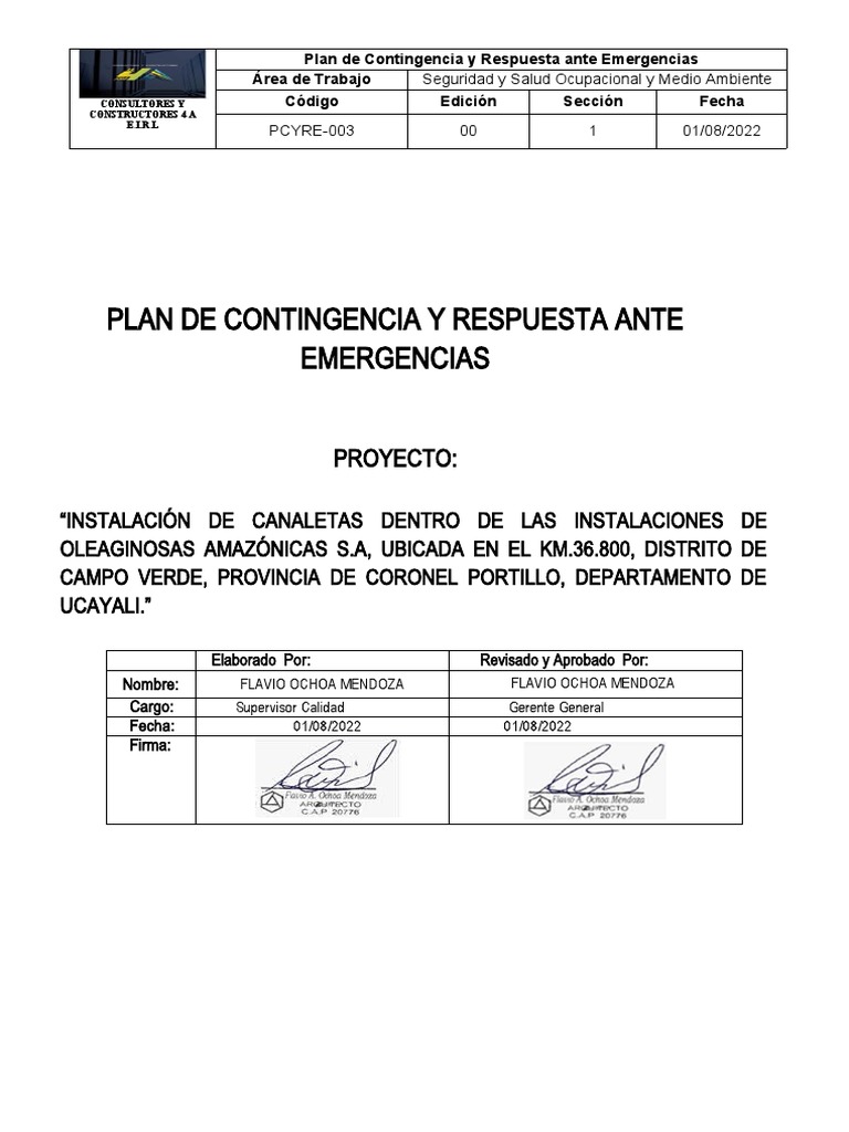 PLAN ANUAL DE CONTINGENCIA Y RESPUESTA A EMERGENCIA.docx | PDF ...
