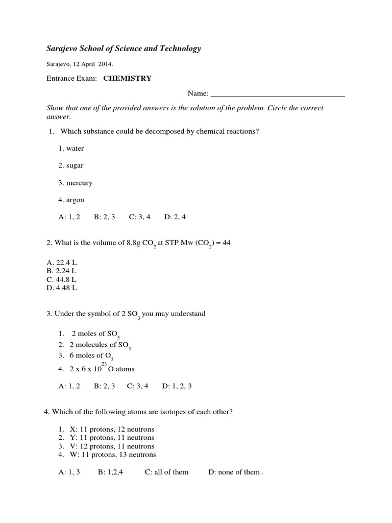 Chemistry Entrance Test 2 | PDF | Acid | Chemical Bond