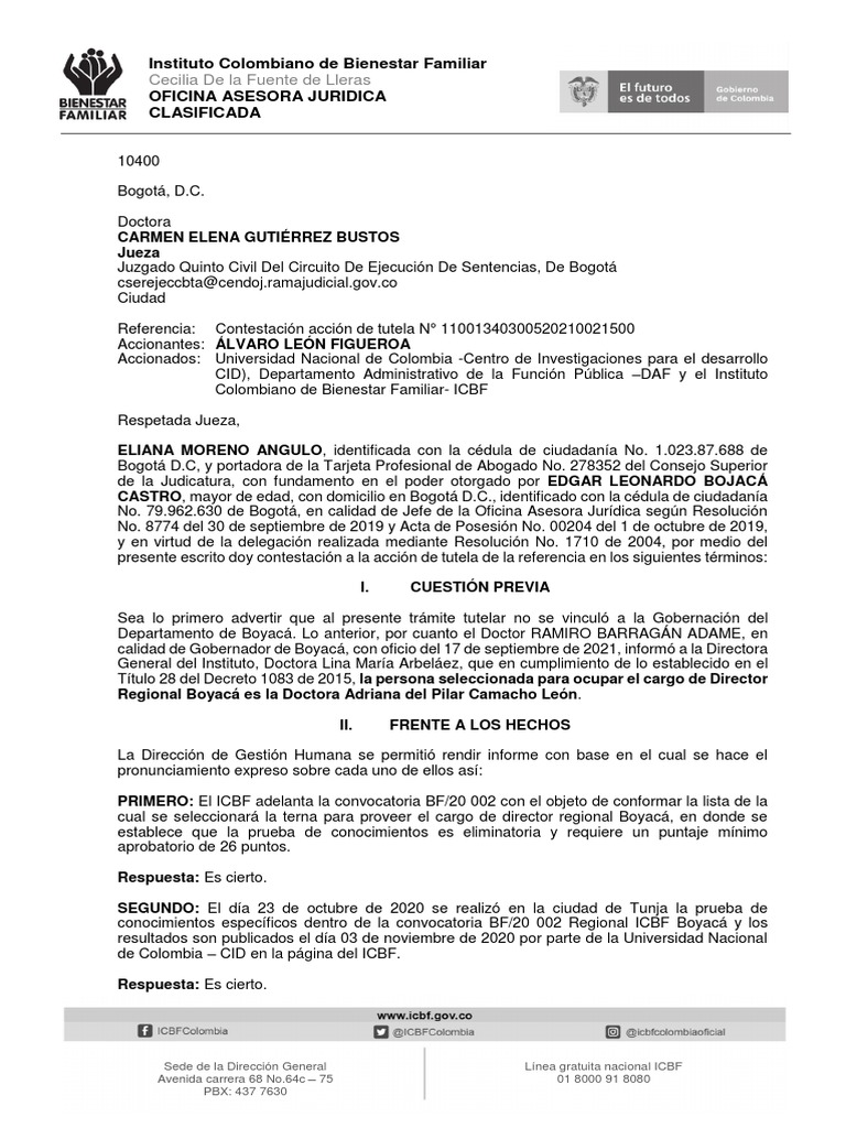 Contestación ICBF a Acción de Tutela | PDF