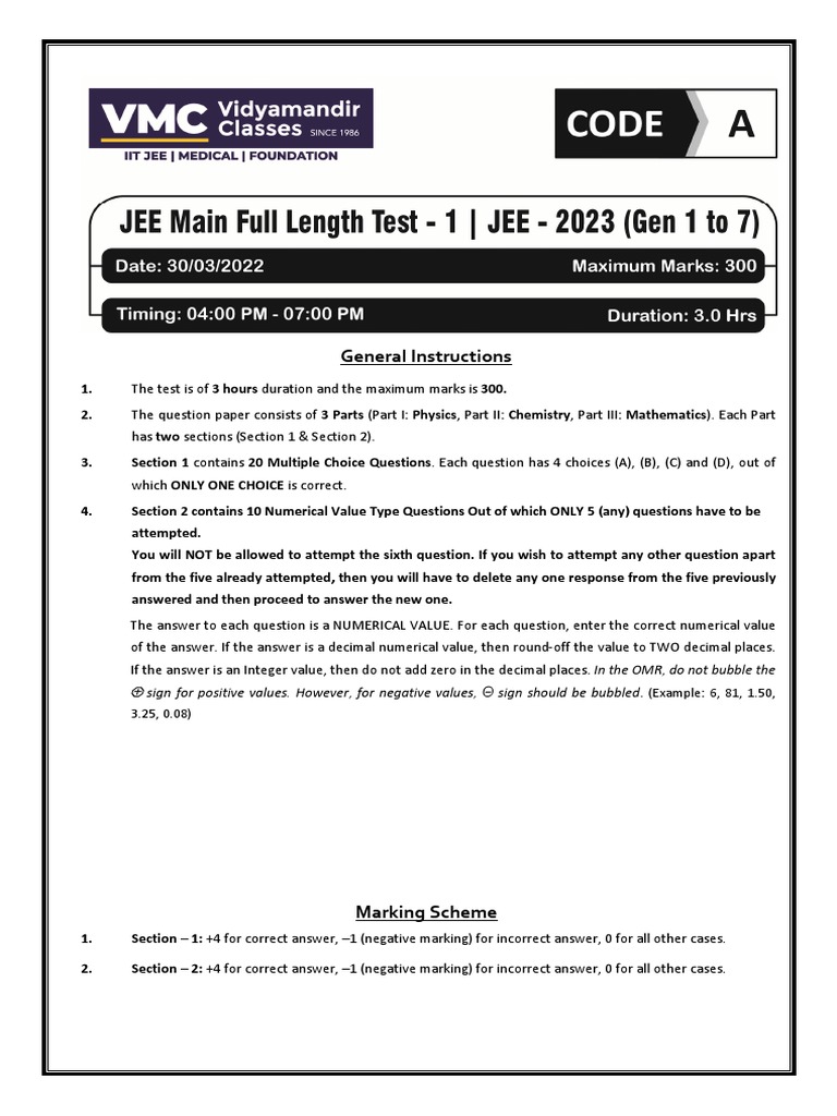 JEE Main Full Length Test - 1 - Paper (Gen 1 To 7) | PDF | Ellipse ...