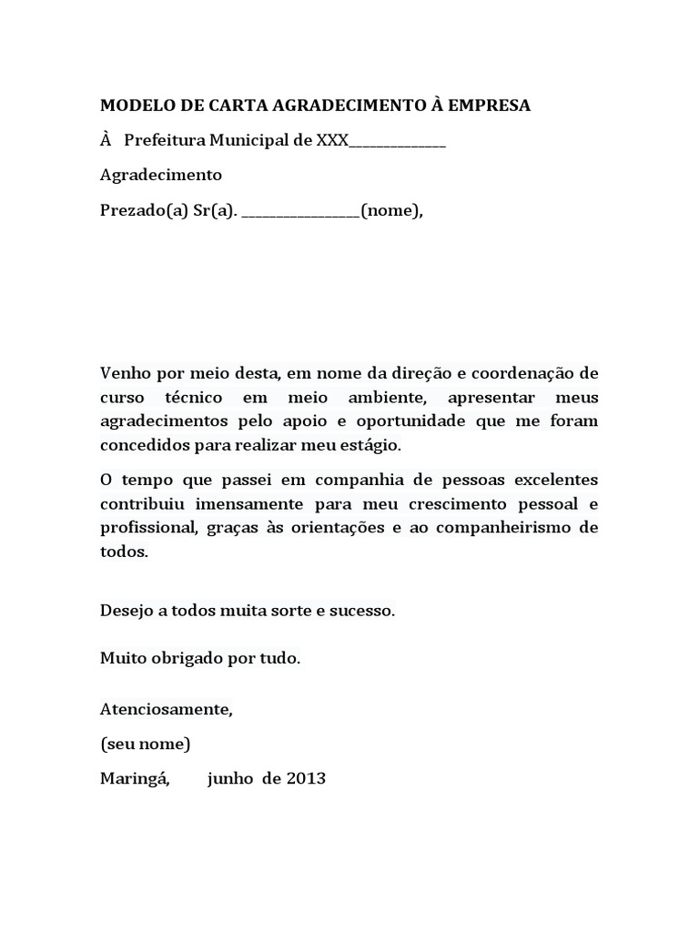 Carta Agradecimento Empresa Estagio | PDF