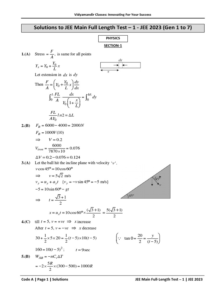 JEE Main Full Length Test - 1 - Solutions (Gen 1 To 7) | PDF | Physical ...