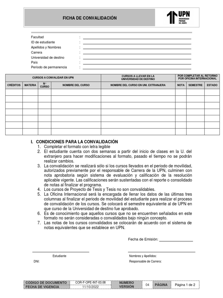 Ficha de Convalidación UPN | PDF