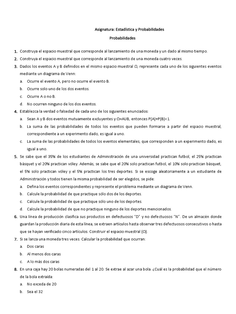 Ejercicios de Probabilidades y Estadística | PDF | Probabilidad ...