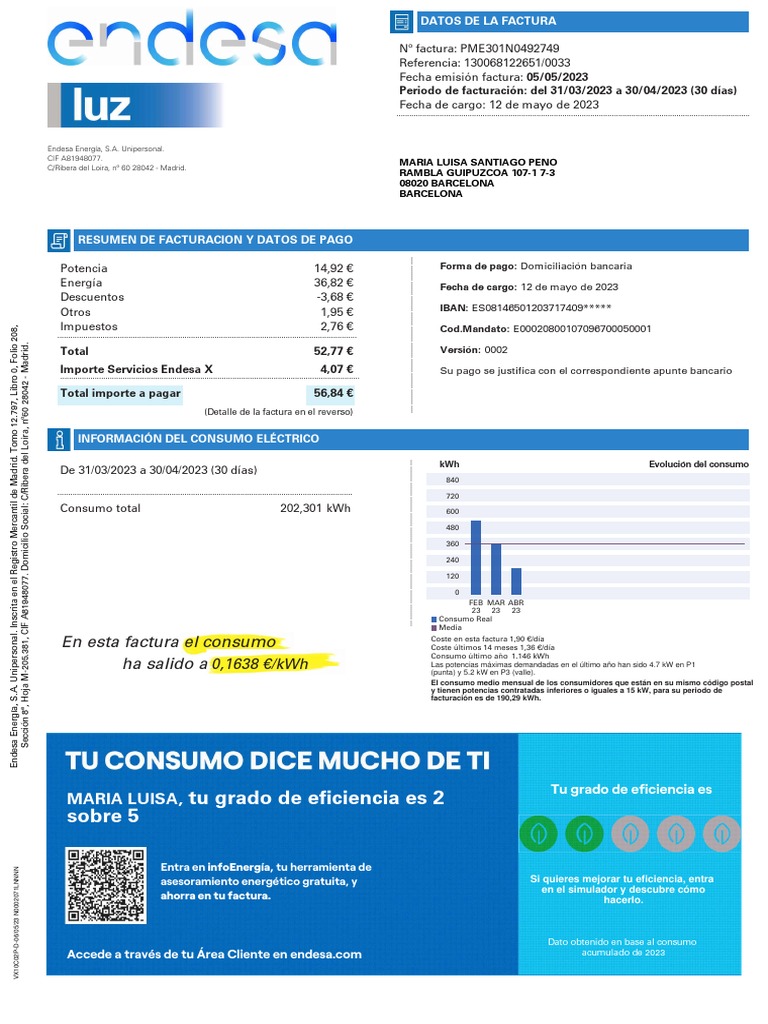 Factura Endesa: Resumen y Consumo | PDF | Factura | Economias