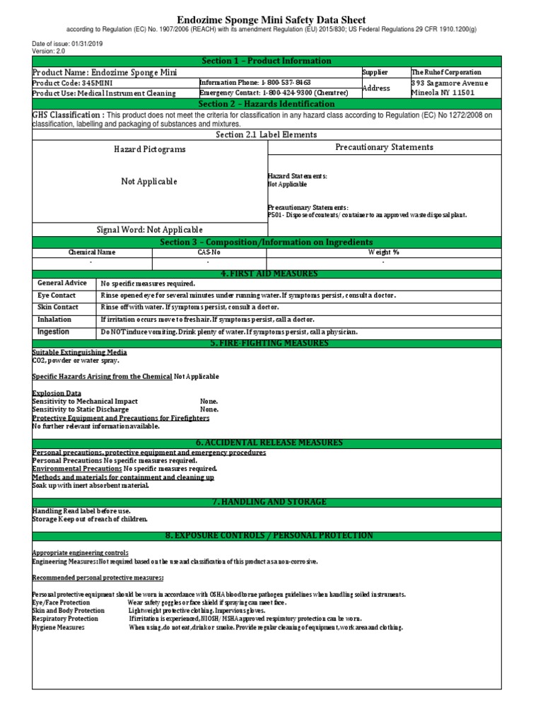 Endozime_Sponge_MiniSDS345MINIRev02 PDF Personal Protective Equipment Chemistry