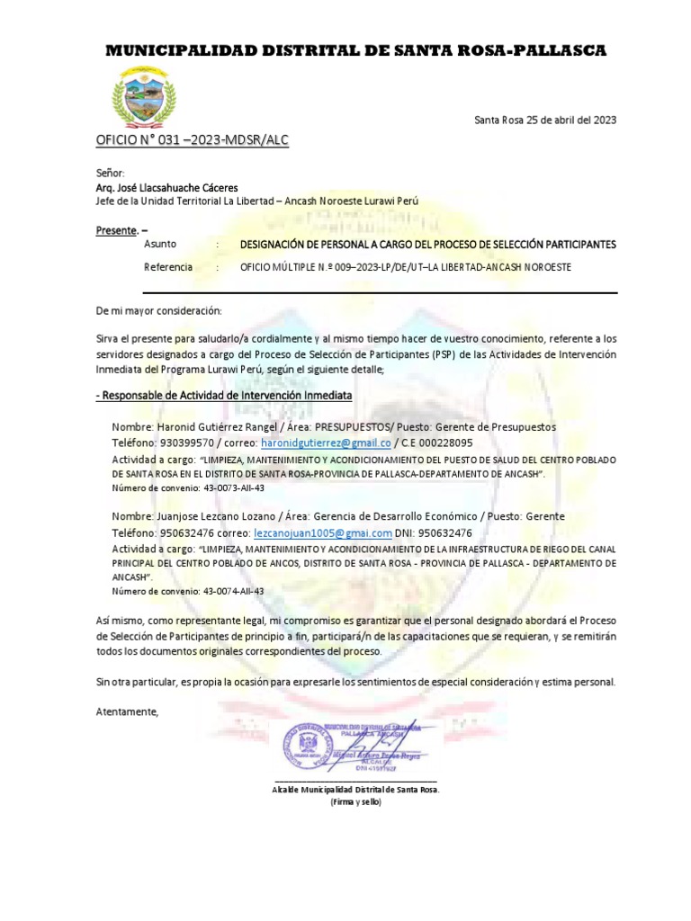 Oficio de Designación de Personal | PDF