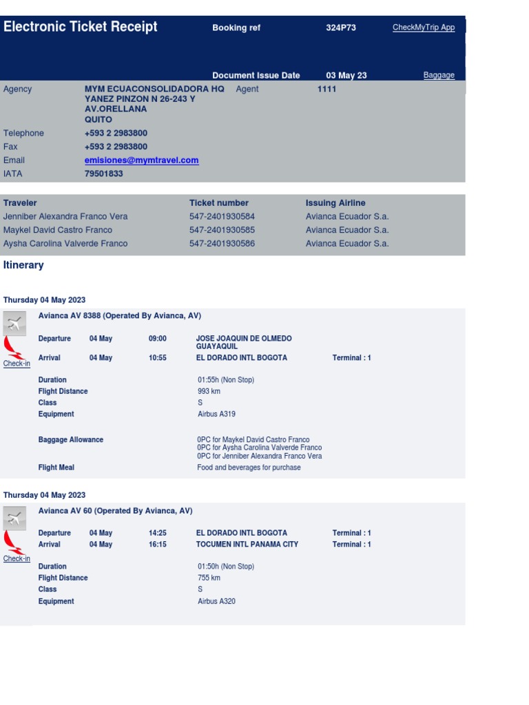 Avianca Flight Itinerary Receipt | PDF | Aviation