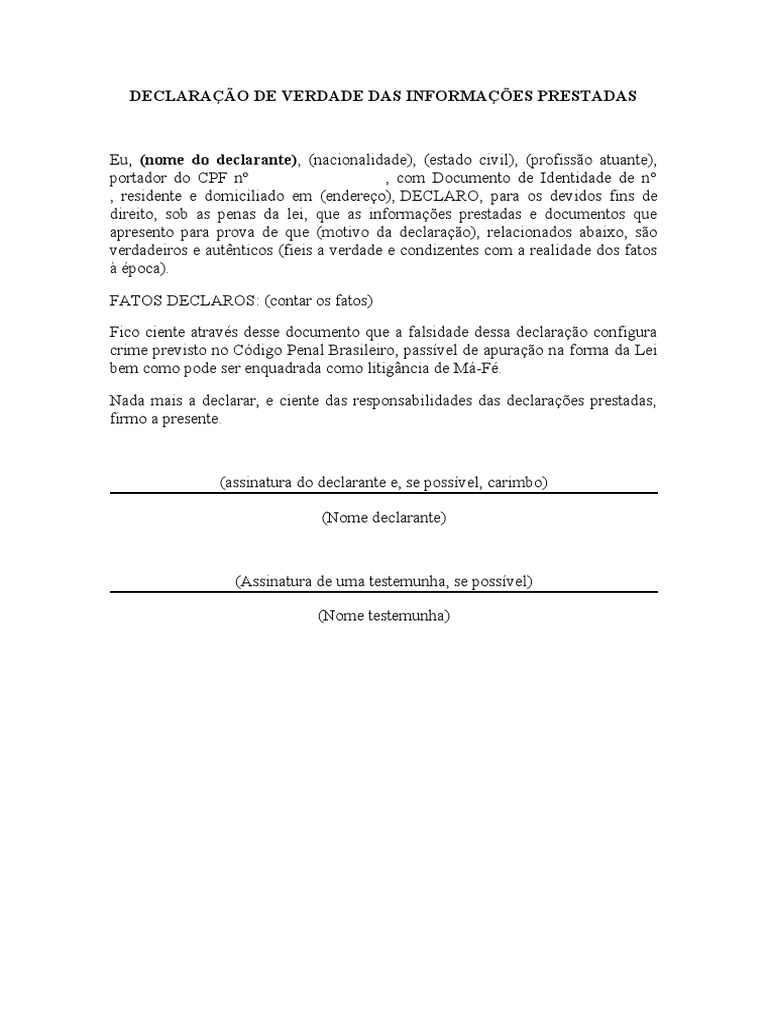 Declaração de Verdade das Informações | PDF