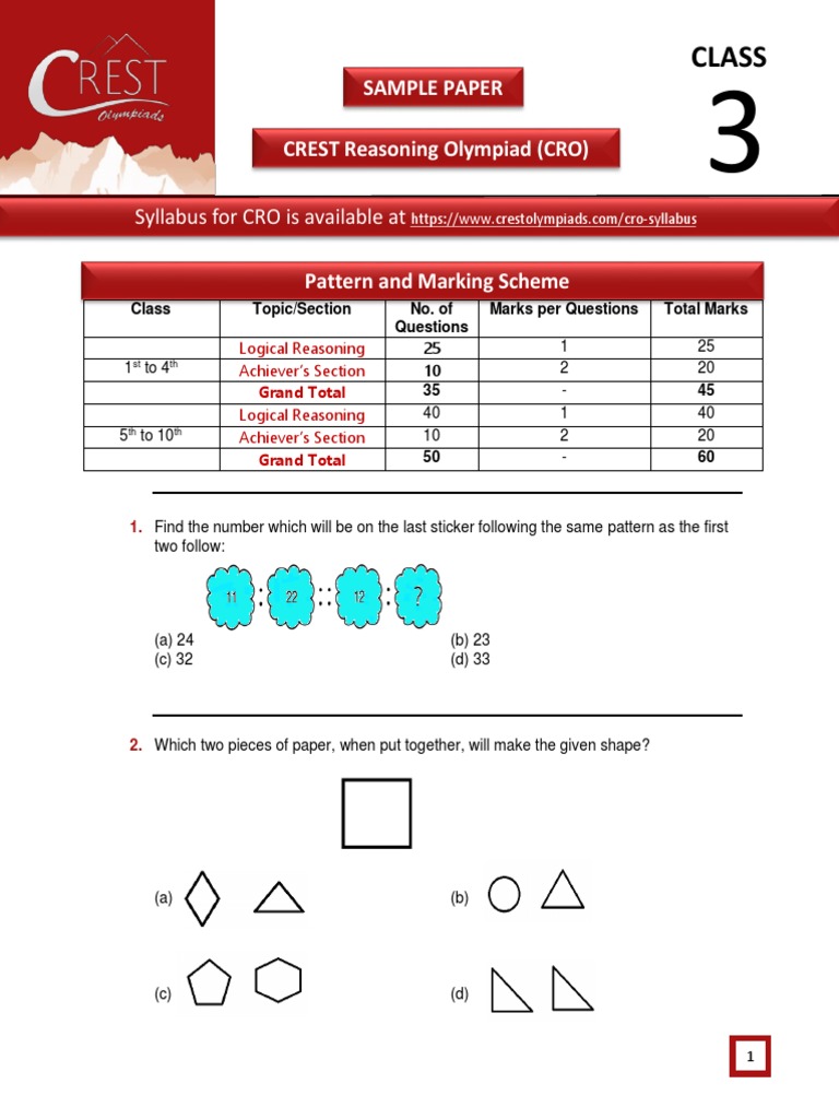 CRO Sample Papers For Class 3 PDF PDF
