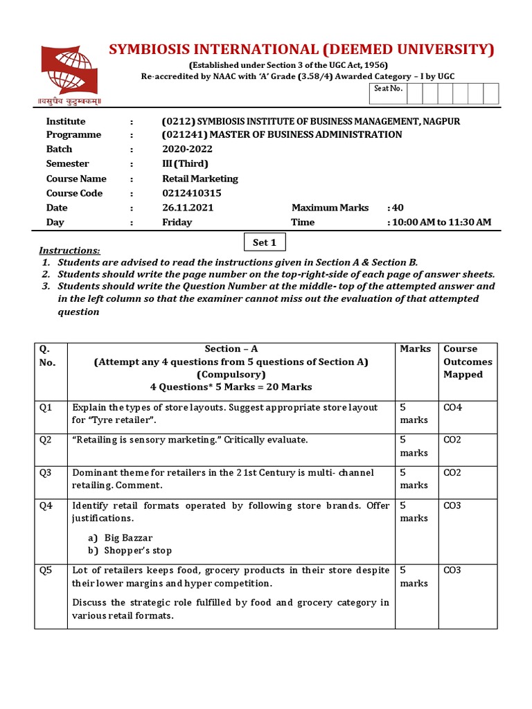 Retail Marketing Question Paper Set 1 Semester Iii Pdf Pdf