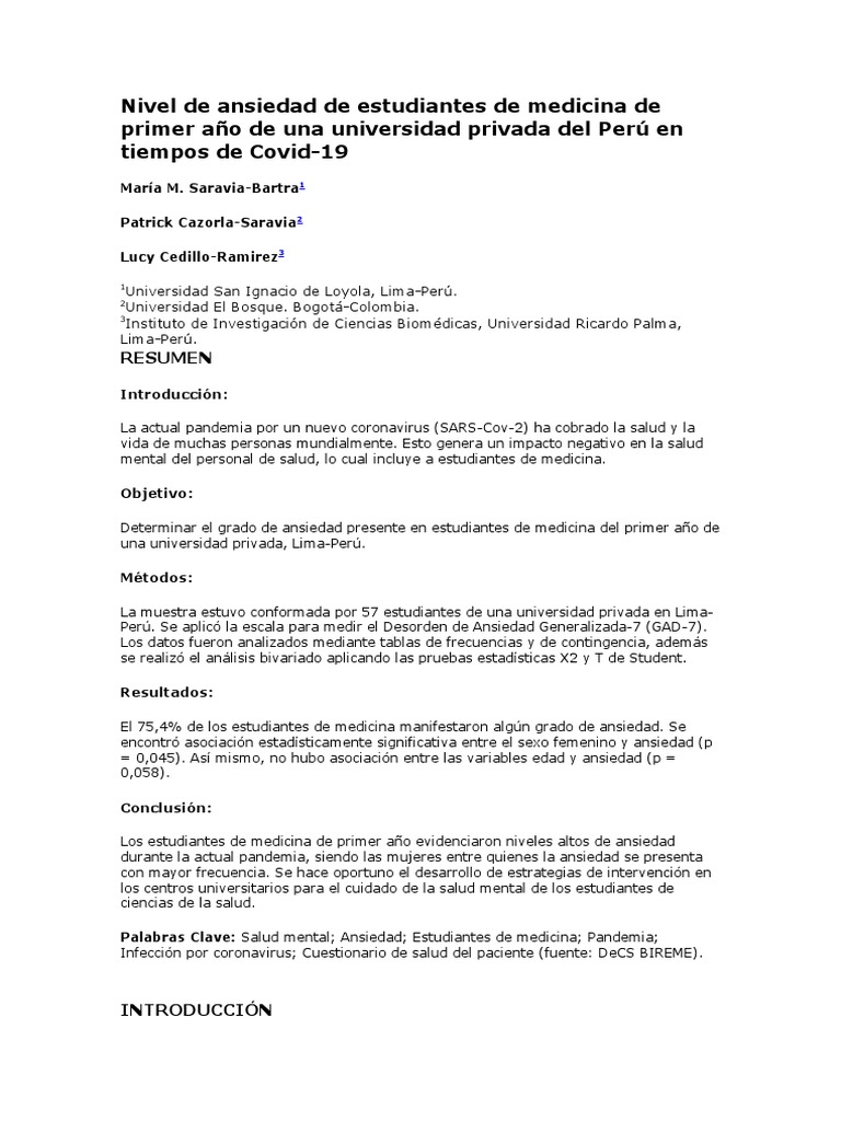 Ansiedad en estudiantes de medicina Perú | PDF