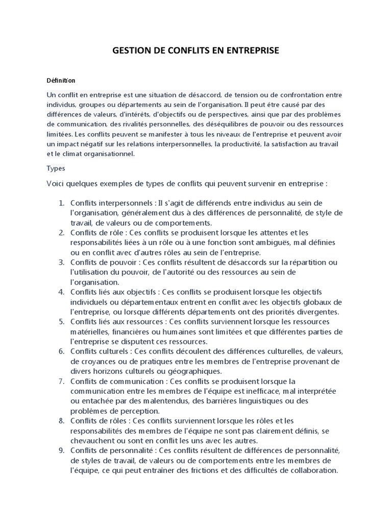Gestion des Conflits en Entreprise | PDF
