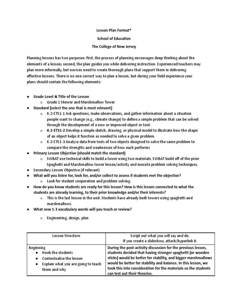 Unit Lesson Plan Skewer and Marshmallow Tower PDF Lesson Plan English As A Second Or
