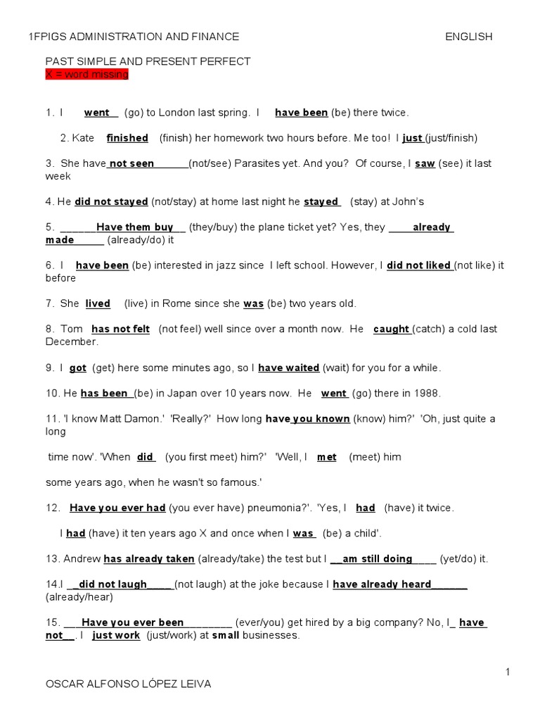 Present Perfect Vs Past Simple Exercise Pdf