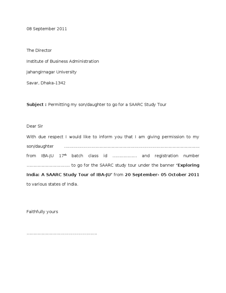 permission letter for tour