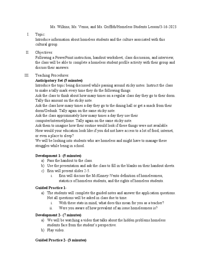 Teaching Homeless Lesson Plan PDF