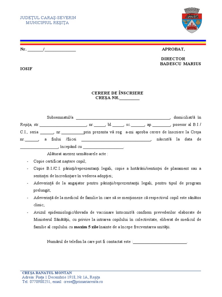 Cerere Inscriere Creșă-1 | PDF