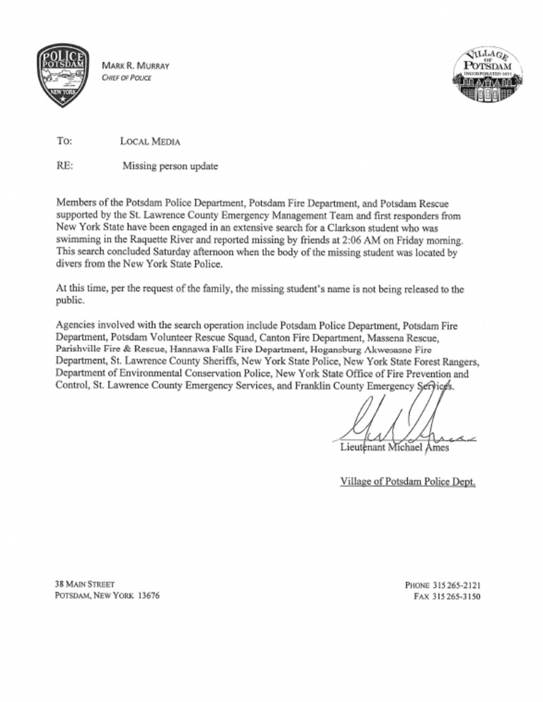 Potsdam Village Police Department Update Missing Person PDF