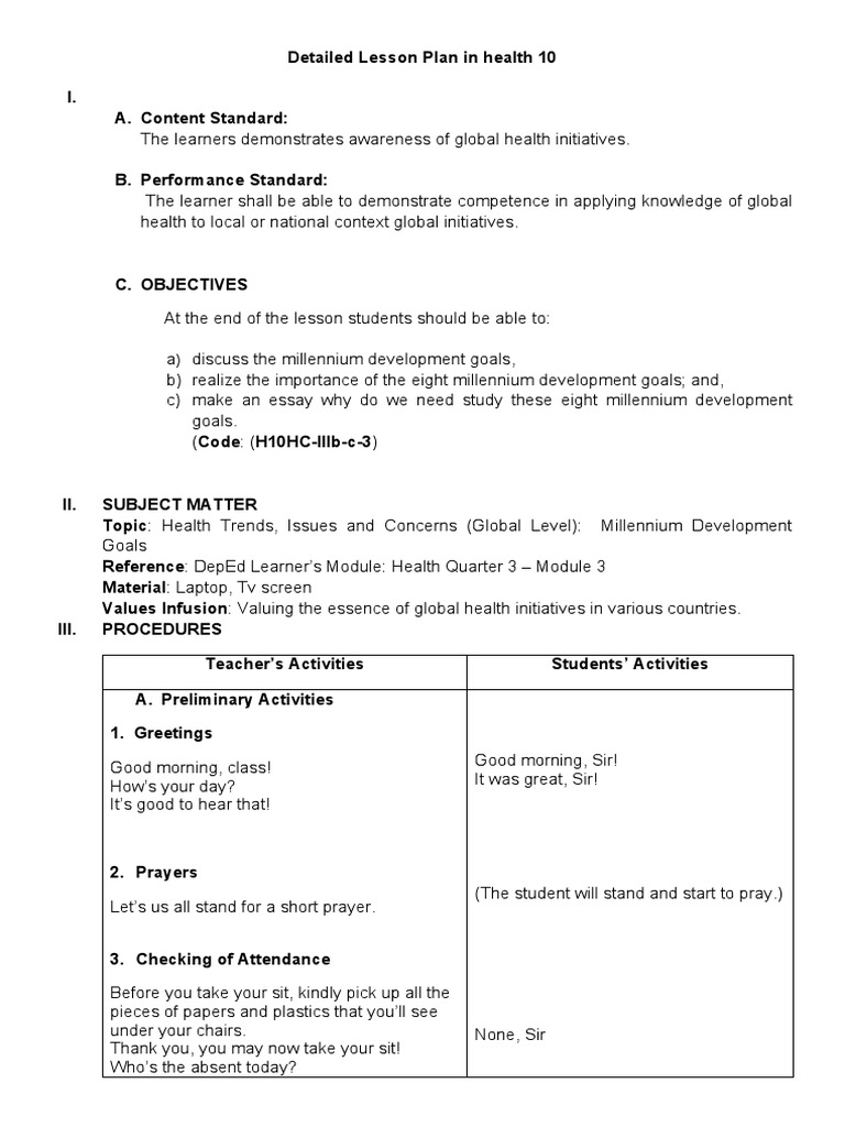 Detailed Lesson Plan in Health 5 | PDF | Millennium Development Goals ...
