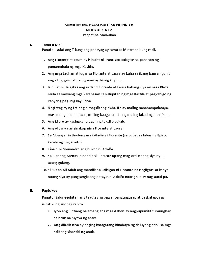 4th Quarter SUMATIBONG PAGSUSULIT SA FILIPINO 8 | PDF