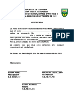Certificado de residencia barrio Divino Niño 2 Santa Marta 2023