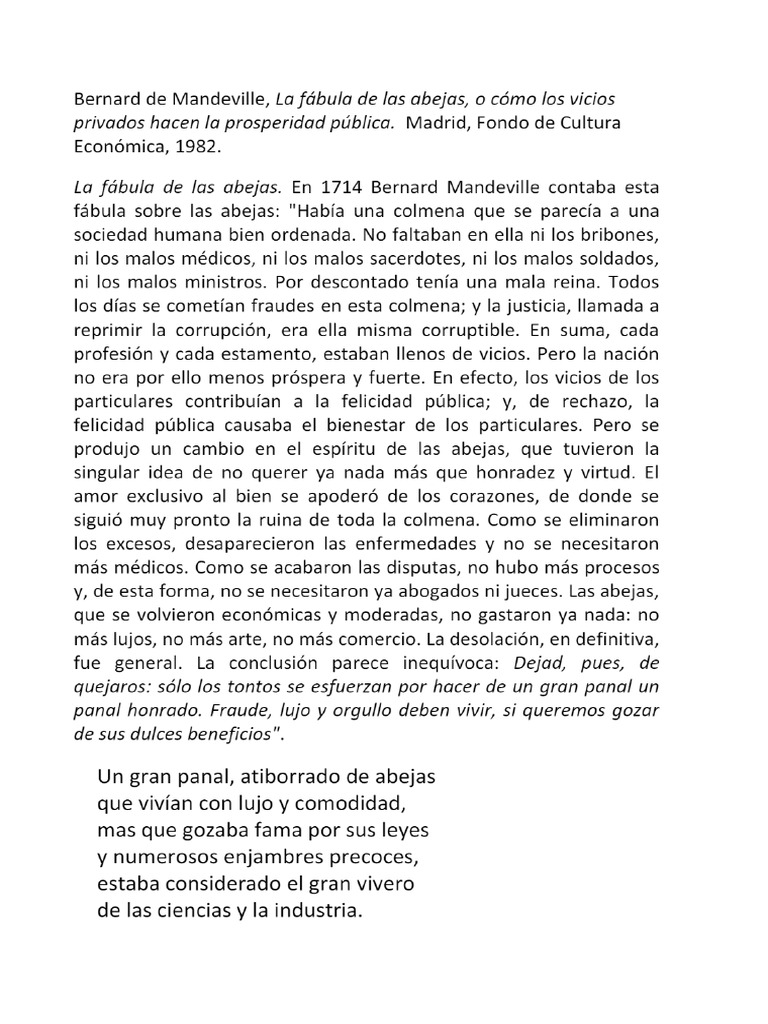 La fábula de las abejas Bernard de Mandeville | PDF