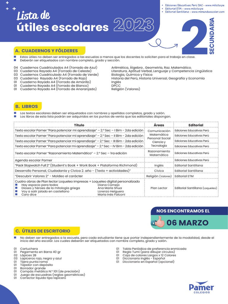 Lista de útiles escolares para secundaria | PDF