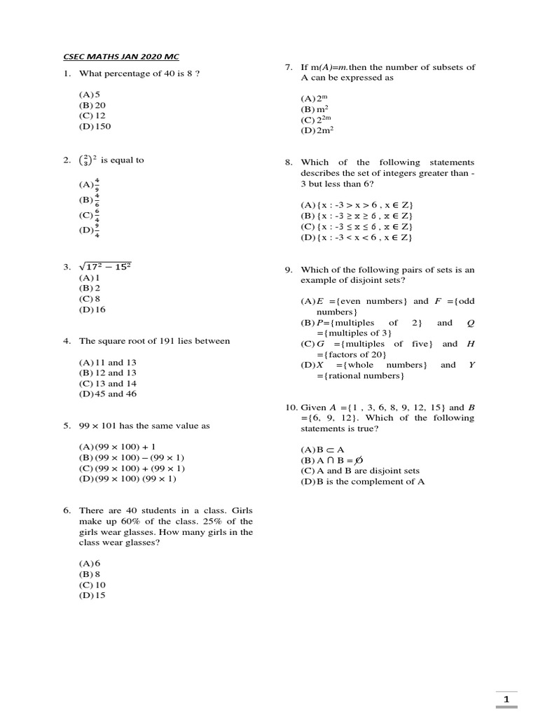 CSEC Maths January 2020 Paper 1 Answers | PDF