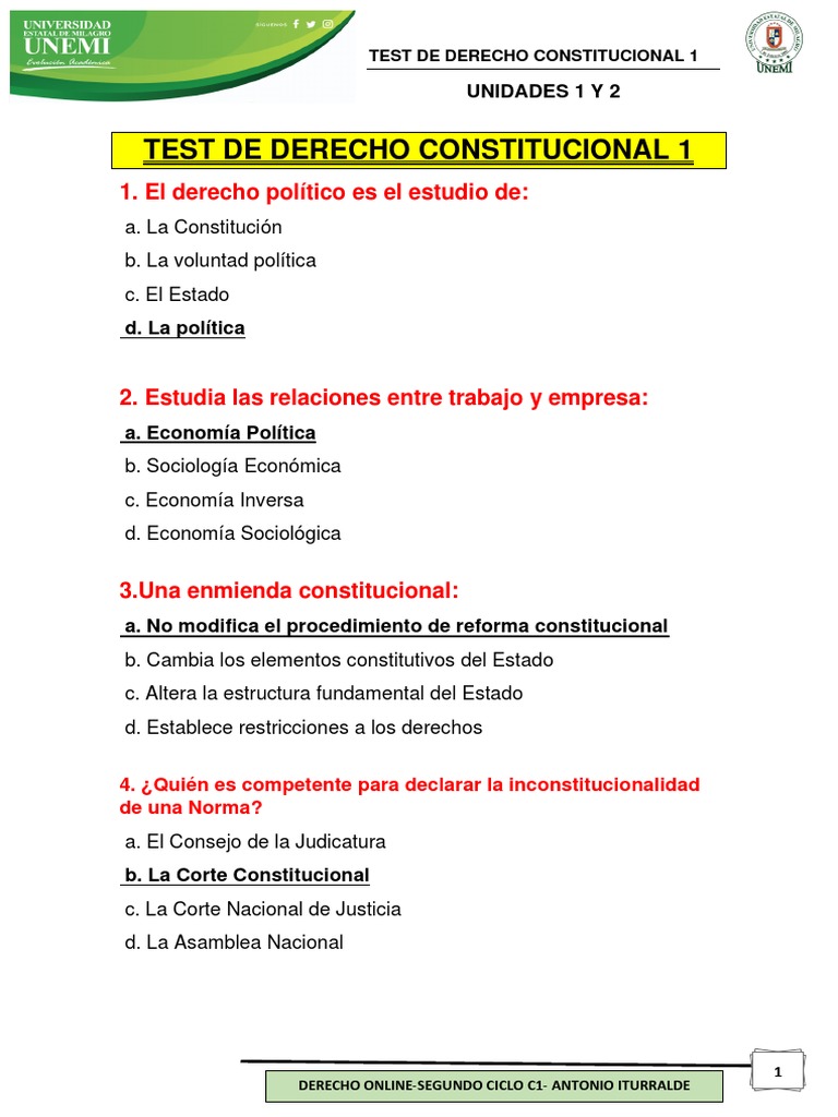 Test de Derecho Constitucional 1 | PDF | Constitución | Ley constitucional