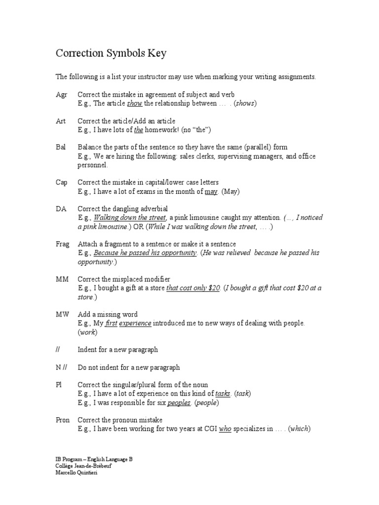 Correction Symbols Key PDF Linguistic Typology Linguistics