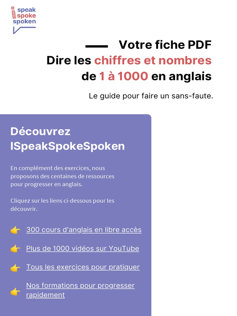 Nombre En Anglais De 1 à 1000 Pdf Dire Les Chiffres Et Nombres de 1 A 1000 en Anglais PDF | PDF