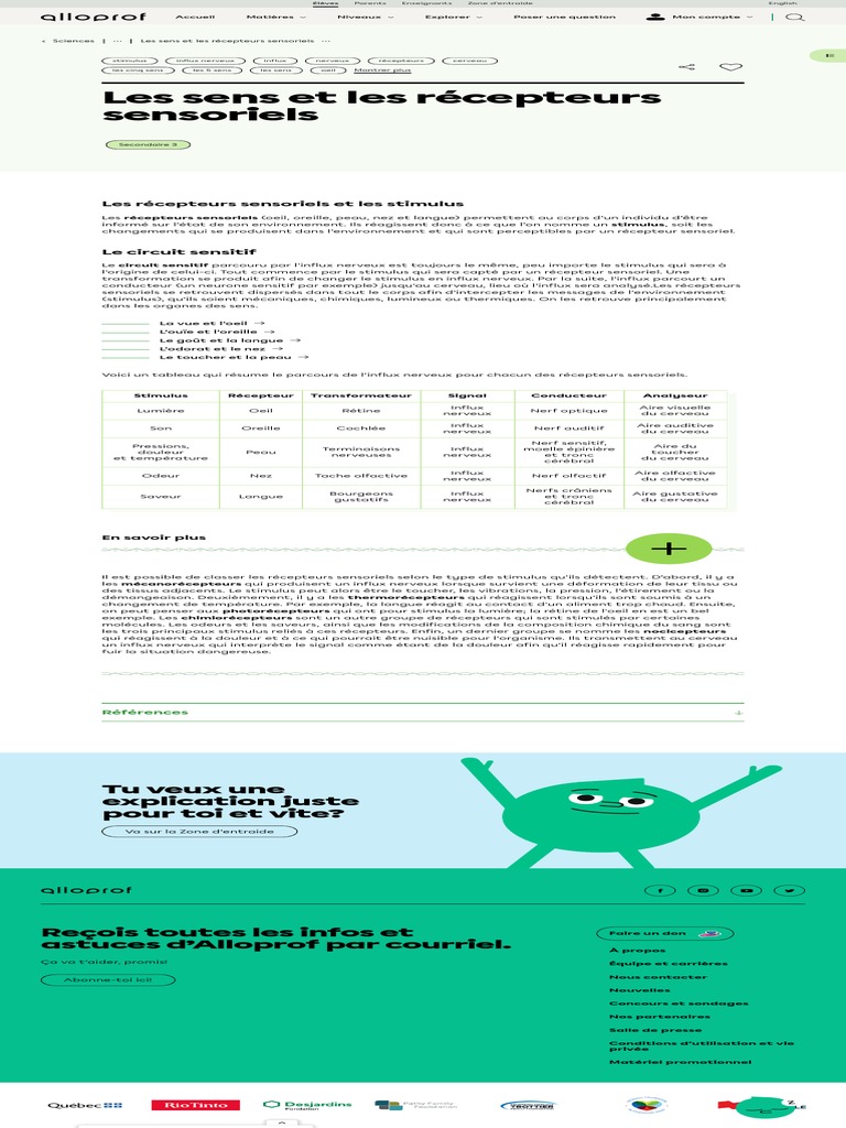 Les récepteurs sensoriels et leurs rôles | PDF | Sens (physiologie ...