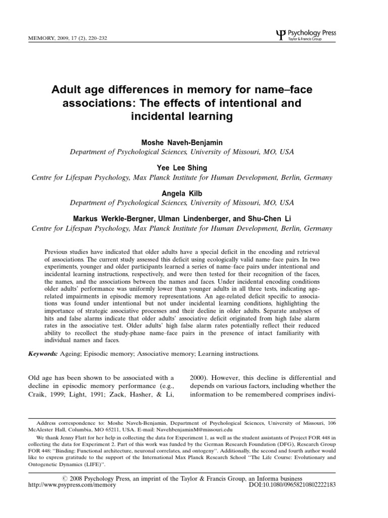 Adult Age Differences in Memory | PDF | Memory | Recall (Memory)