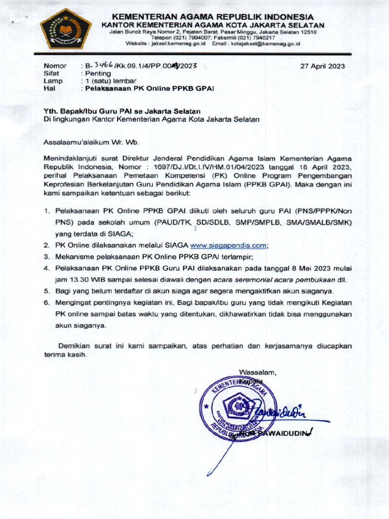 Surat Pelaksanaan PK PPKB Online Tahun 2023 | PDF