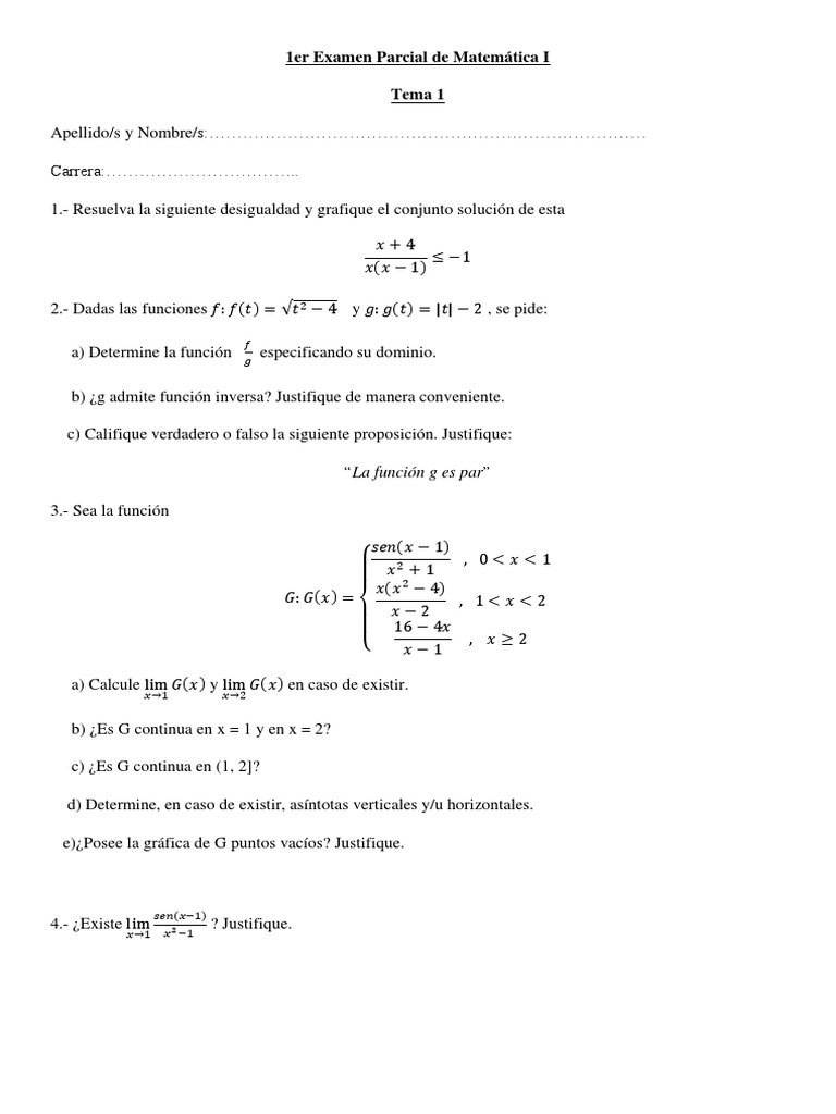 1er Parcial de Matemáticas I: Ejercicios y Soluciones | PDF | Función ...