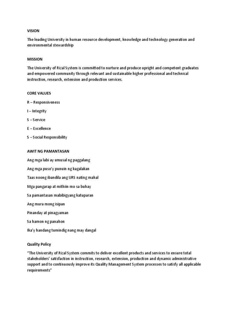 URS Vision, Mission, and Quality Policy | PDF | Science | Society